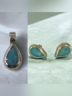 Mexican Sterling Silver Teardrop Turquoise Pendant and Stud Earrings Set
